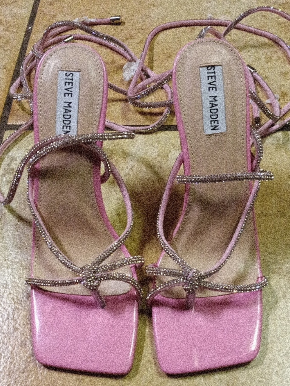 Steve Madden Pink Rhinestone Lace-Up Square-Toe Heels